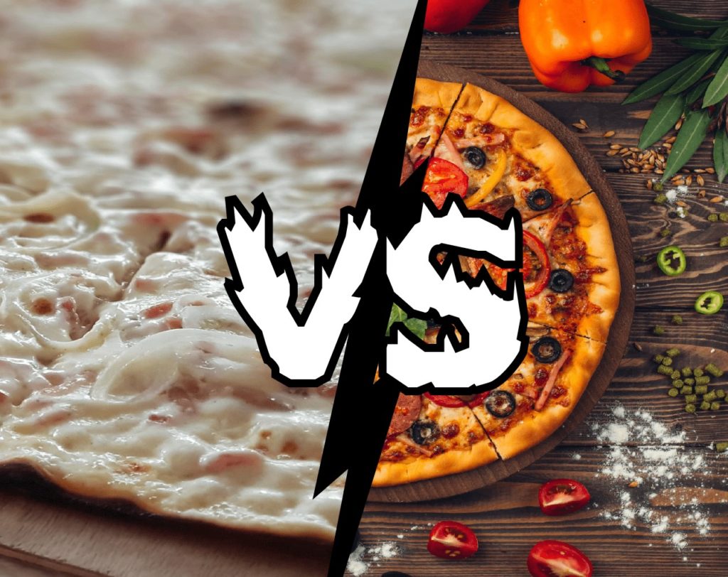 Image avec un tarte flambée et une pizza en rivalité